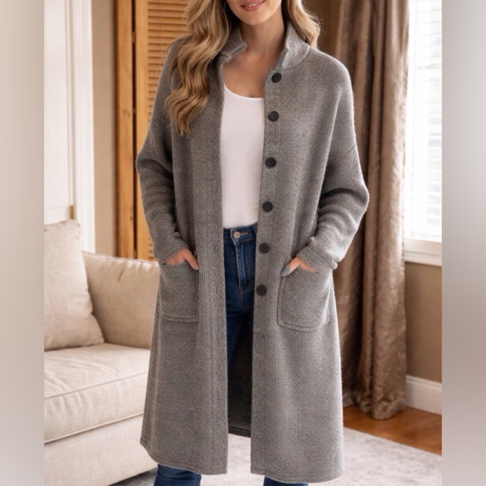 Sweater oversized gray outerwear Below Knee Button up Cardigan - Picture 5 of 10